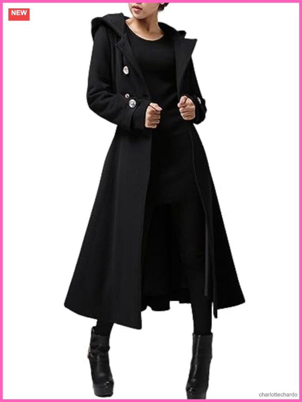 Double-Breasted Hooded Wool Blend Trench Coat Long Winter